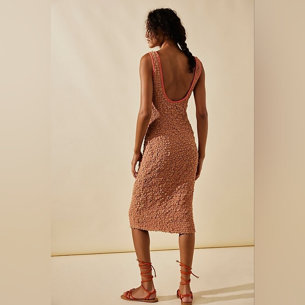 COPY - Free People Women's Set The Bar Smocked Midi Bodycon Dress in Iced Coffe… - Picture 2 of 10